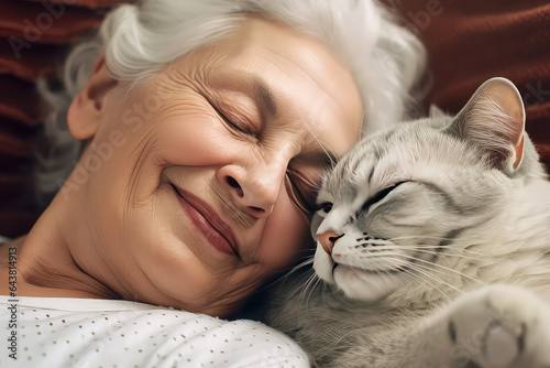 Portrait of Happy adult sleeping woman smiling and cuddling with her pet cat. Peace of mind and love for pets.