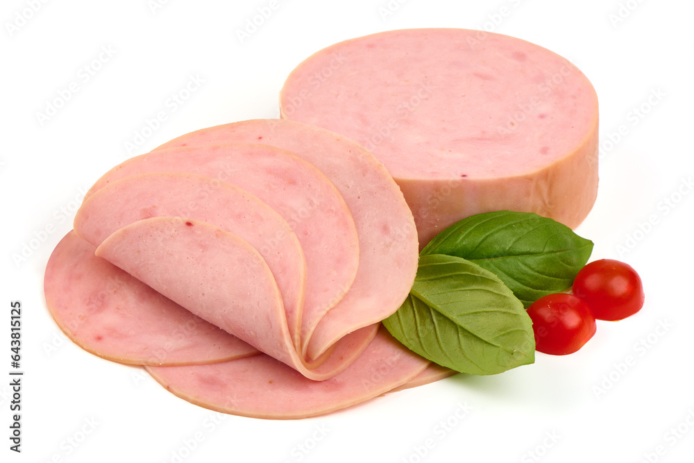 Sliced boiled pork sausage, boiled ham, isolated on white background.
