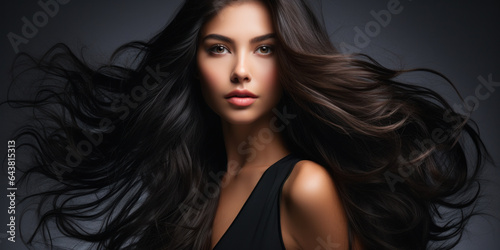 Young woman with healthy long black hair. Glossy wavy beautiful hair. Hair salon banner