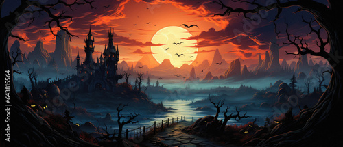 Halloween spooky background, scary jack o lantern pumpkins in creepy dark forest with bats, spooky trees, moon and old house Happy Haloween ghosts horror gothic mysterious night moonlight backdrop.