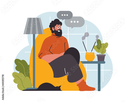 Modern wellbeing practice. Happy man relaxing at home, weekend leisure
