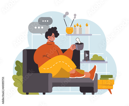 Modern wellbeing practice. Happy woman relaxing at home, weekend