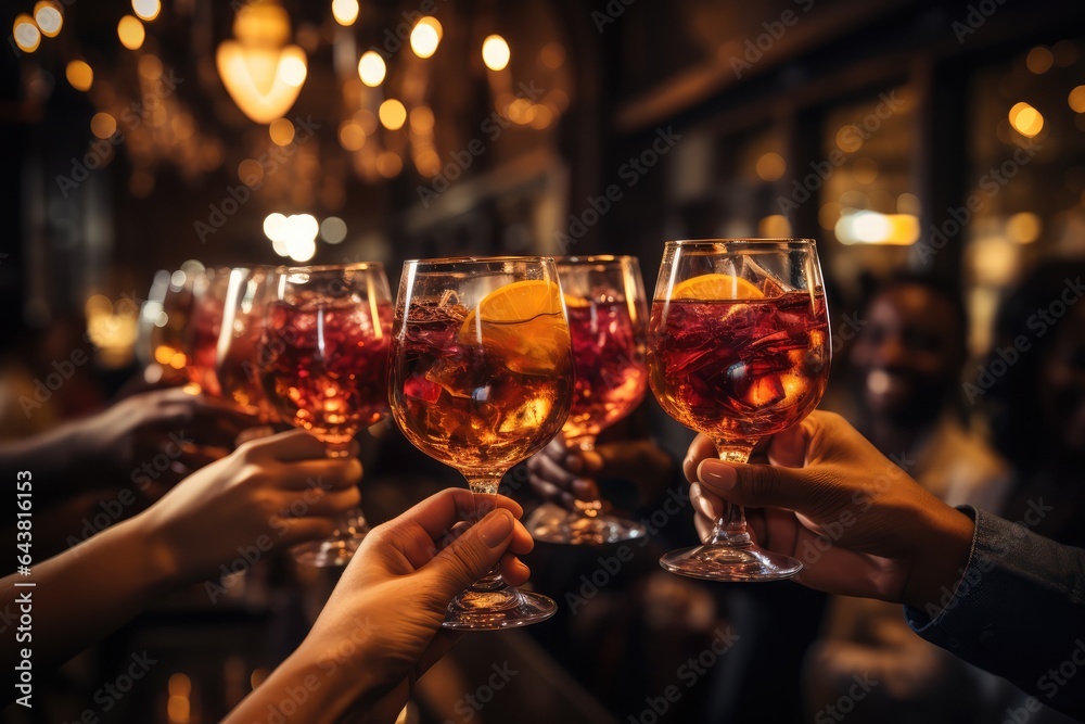 Hands toasting with exotic cocktails - Celebration and Enjoyment - AI Generated