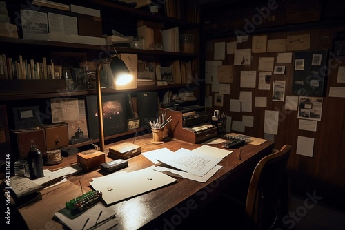 A dim detective's workspace equipped with desk boards and a board displaying evidence for nocturnal inquiries. Generative AI