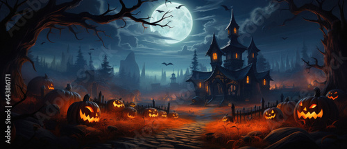 Happy Halloween background spooky scene, creepy dark night with moon, pumpkins and spooky trees on graveyard ghosts horror gothic evil cemetery landscape. Mysterious night moonlight backdrop.