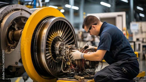Aerospace engineer inspects a gleaming turbine jet engine