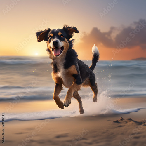 dog running on the beach at time of sunset © Gagandeep