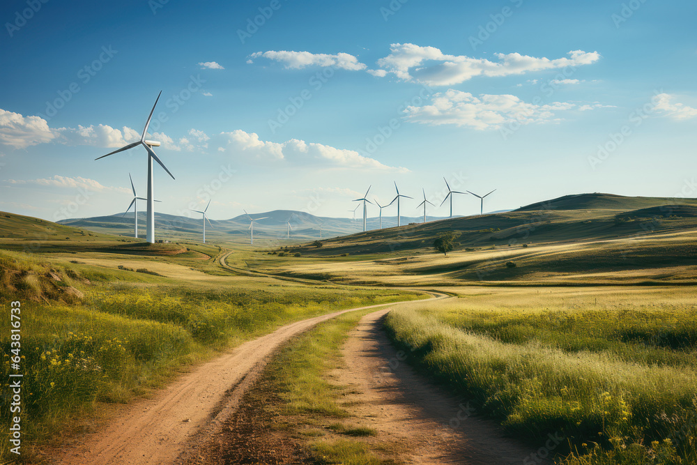 Obraz premium Renewable Wind Power. Wind turbines generating clean energy, capturing the role of wind in sustainable climate solutions. Generative Ai.