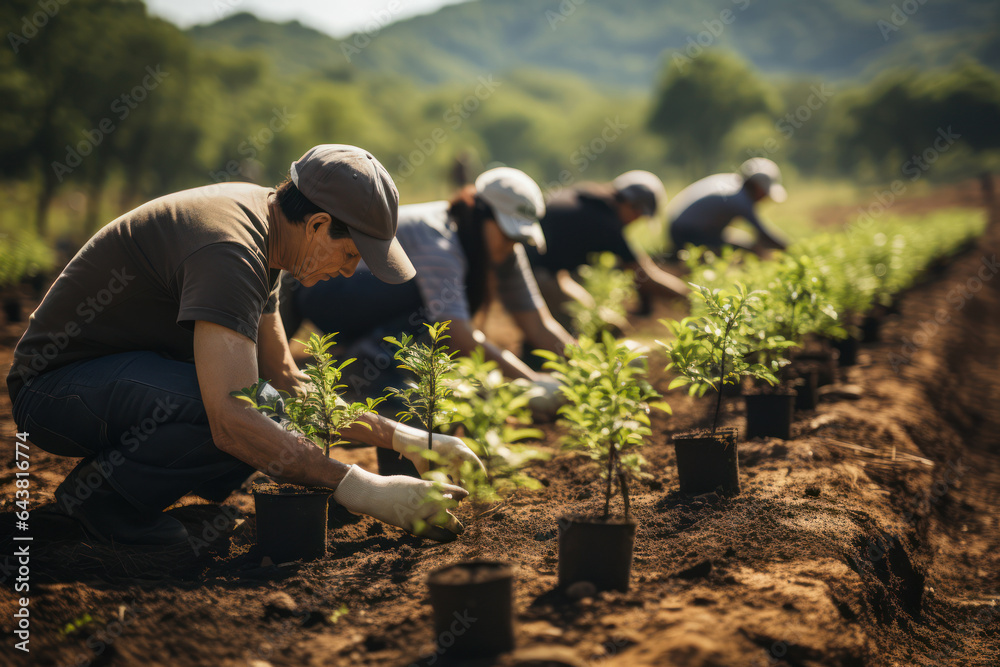 Reforestation Efforts. Volunteers planting trees in a deforested area