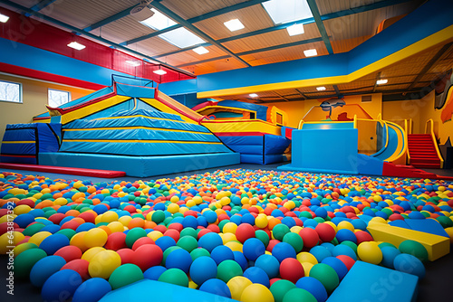 indoor kids ball pits in evesham, in the style of cluj school, multi-layered color fields, animated mosaics, tangled nests, light azure and red, dark azure and yellow, seapunk photo