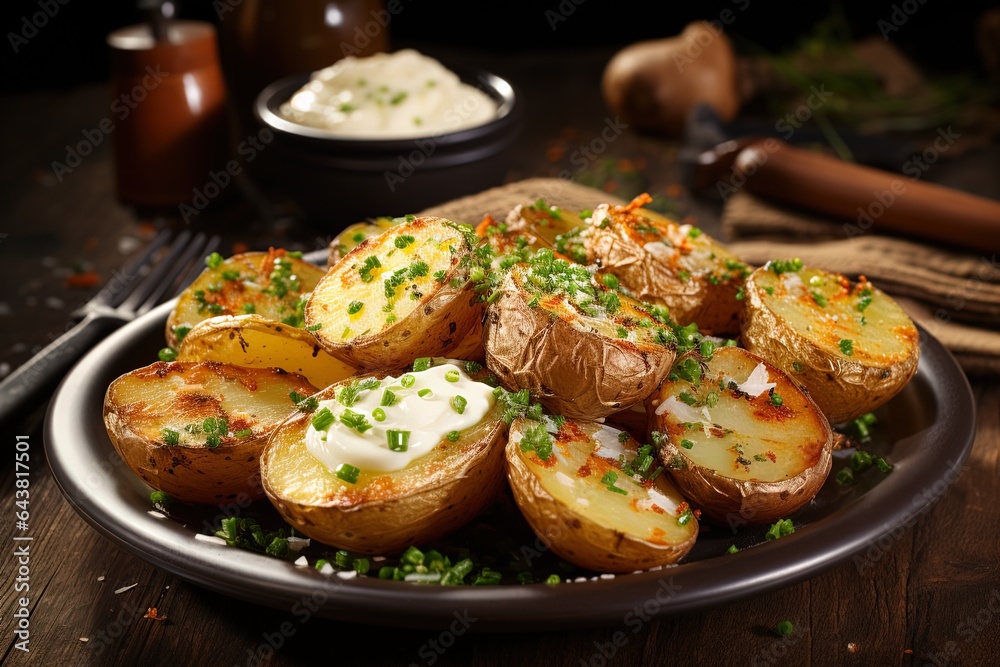 closeup of rustic potatoes with herbs in a plate on a wooden table