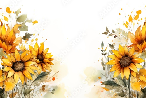Fototapeta Naklejka Na Ścianę i Meble -  floral watercolor border frame with sunflowers and empty white space for design