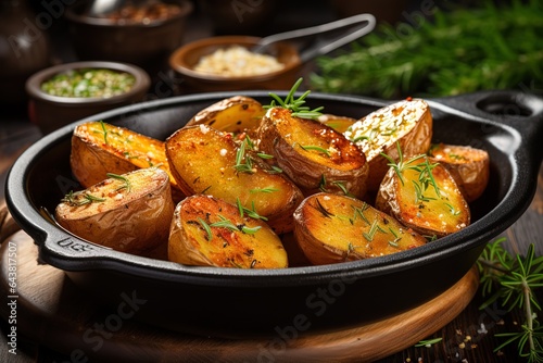 closeup of rustic potatoes with rosemary in iron skillet photo
