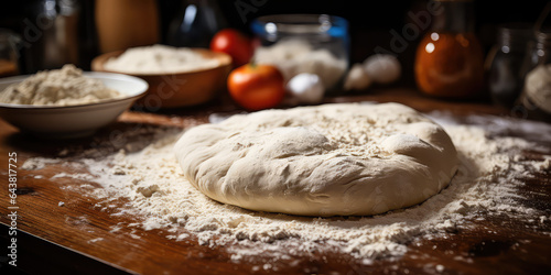Uncooked dough on a wooden table. Raw puffy yeast dough in a flour ball on a kitchen rustic table. 