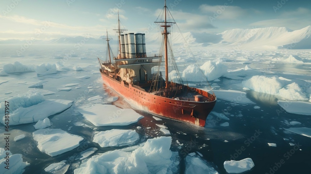Obraz premium Cargo ship navigating through icy Arctic waters 