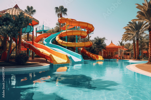 Summer empty water park, water fun concept for the whole family, colorful water slides, swimming pool, palm trees. 