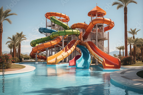 Summer empty water park, water fun concept for the whole family, colorful water slides, swimming pool, palm trees. 