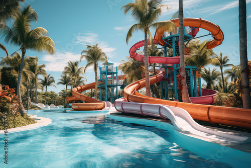 Summer empty water park, water fun concept for the whole family, colorful water slides, swimming pool, palm trees. 