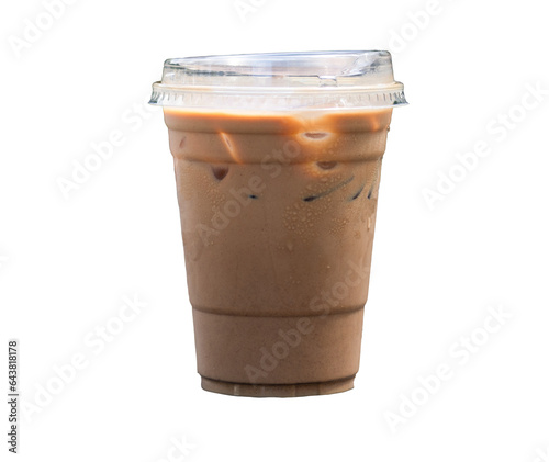 An isolated cup of iced coffee in a strapless take-away cup - front view against a blank background; isolated on white