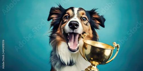 Dog with gold champion trophy on flat blue background with copy space. Creative banner for dog show competition. photo