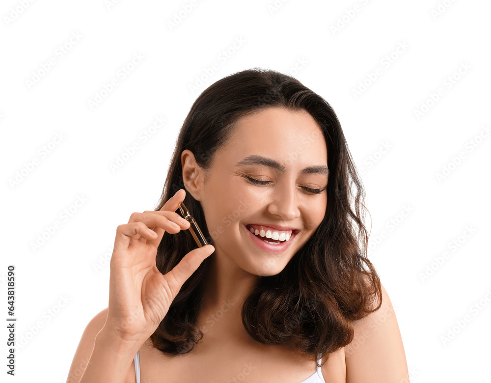 Beautiful young woman with ampule on white background, closeup Beautiful young woman with ampule on white background, closeup