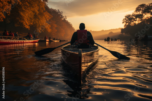 Training Day Dedication. A rower's determined strokes on a calm lake epitomize consistent effort. Generative Ai. photo