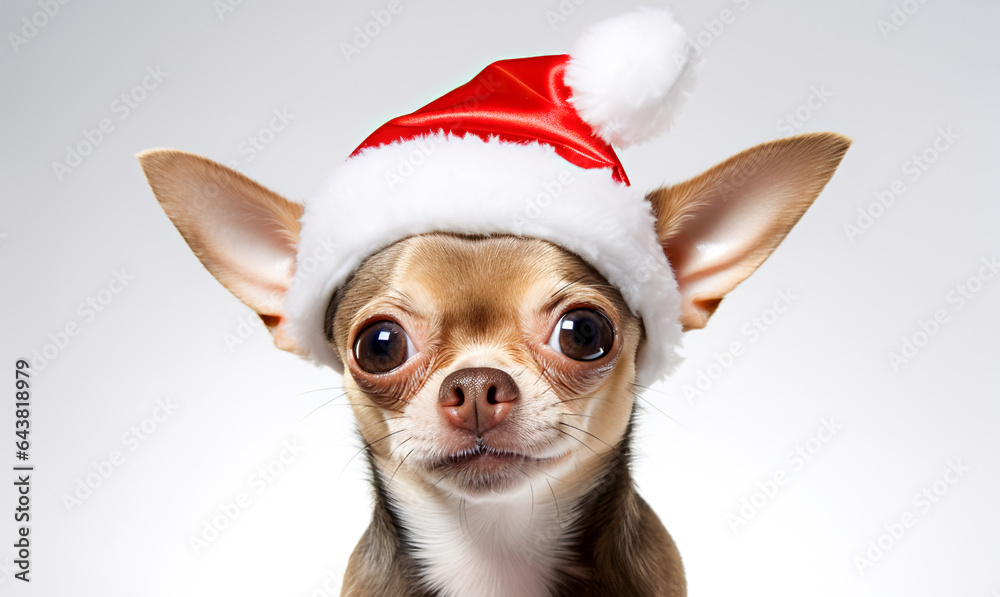  Cute dog chihuahua wearing santa claus hat  isolated on white background. Christmas background with copy space. digital ai