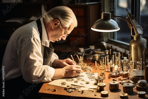 A watchmaker at work at his desk. photo