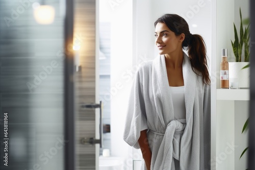 A woman in a bathroom coming out of the shower wearing a towel.