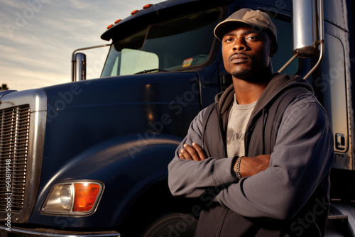 Man standing confidently in front of powerful semi truck. This image can be used to represent strength, determination, and trucking industry.