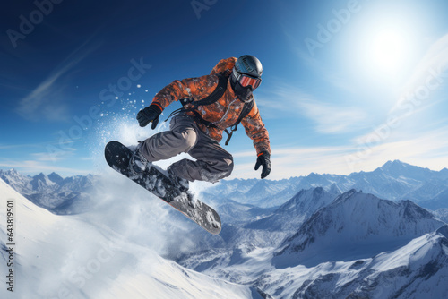 A snowboarder catches air off a jump in a terrain park, showcasing skill and style in a high-energy winter activity. Generative Ai. © Sebastian