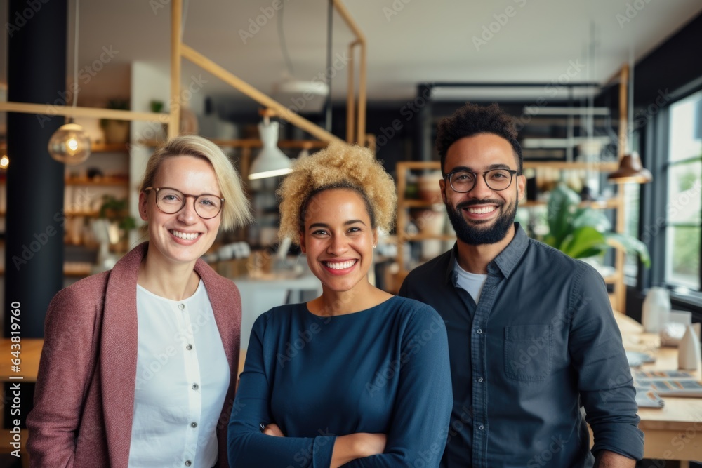 Group portrait photo of a young and diverse group of coworkers working for a startup company