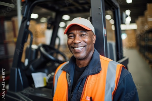 Smiling portrait of a middle aged african american storage warehouse worker working in a warehouse