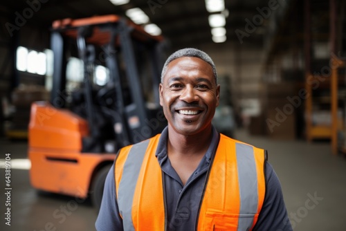 Smiling portrait of a middle aged african american storage warehouse worker working in a warehouse