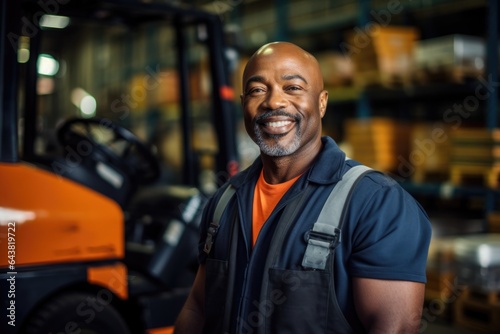 Smiling portrait of a middle aged african american storage warehouse worker working in a warehouse