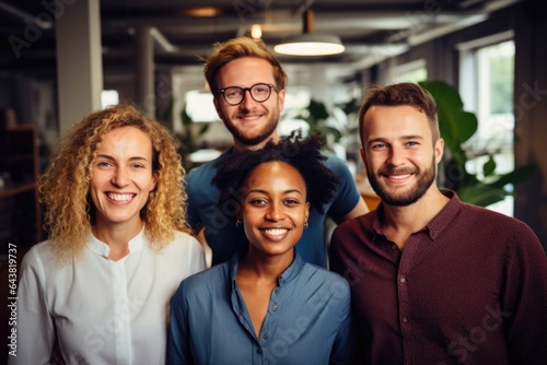 Group portrait photo of a young and diverse group of coworkers working for a startup company