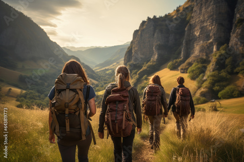 A group of backpackers hikes along a trail, carrying all they need on their backs for an immersive outdoor adventure. Generative Ai.