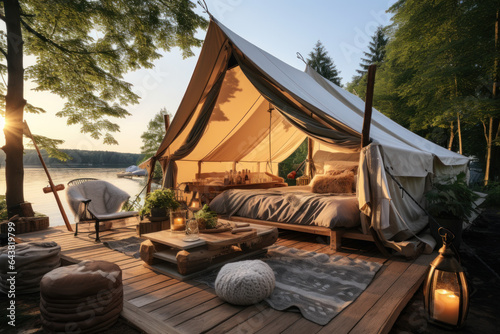 A luxurious glamping tent is surrounded by stunning natural scenery, offering a comfortable and stylish alternative to traditional camping. Generative Ai.