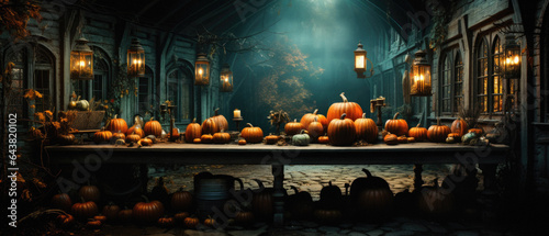Happy Halloween background spooky scene  creepy dark night with jack o lantern pumpkins spooky ghosts horror gothic evil mysterious night haunted haloween house backdrop.