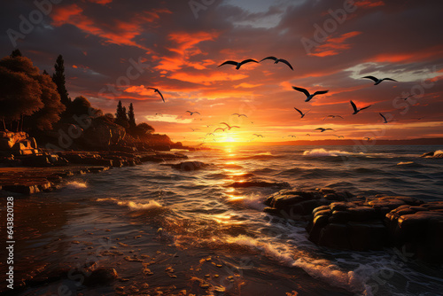 A serene sunset over a coastal town with seagulls flying in the distance. Generative AI.