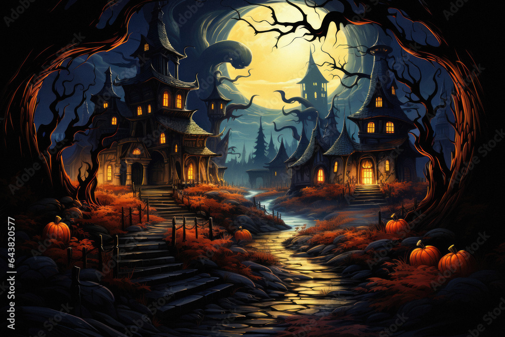 Happy Halloween background spooky scene, creepy dark night with moon, pumpkins and spooky trees on graveyard ghosts horror gothic evil cemetery landscape. Mysterious night moonlight backdrop. Happy Halloween background spooky scene, creepy dark night with moon, pumpkins and spooky trees on graveyard ghosts horror gothic evil cemetery landscape. Mysterious night moonlight backdrop.