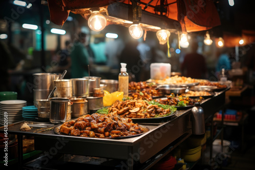Street Food Culture. Colorful food carts and vendors offering a variety of international street food, reflecting the vibrant street food scene. Generative Ai.