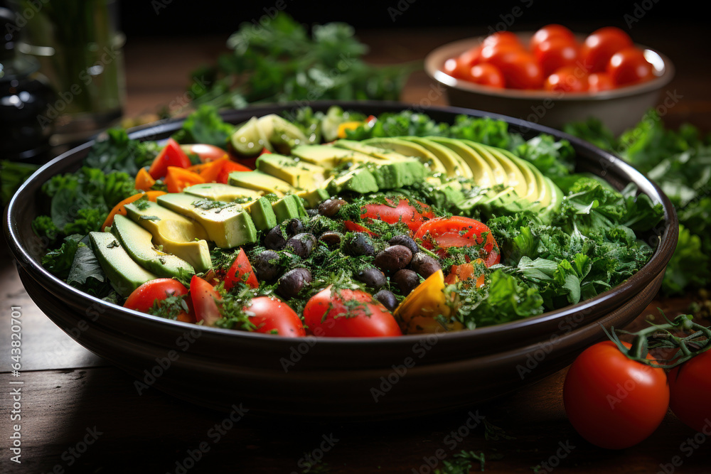 Healthful Choices. Salad bowl filled with fresh greens and colorful vegetables, symbolizing the focus on nutritious eating. Generative Ai.