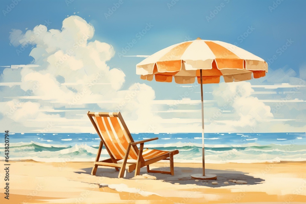 Sunny beach with chairs and umbrella. Generative AI