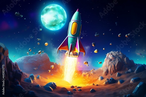 Rocket launching against a galactic background with a spaceship, meteor, and stars, representing startup or imagination. Generative AI