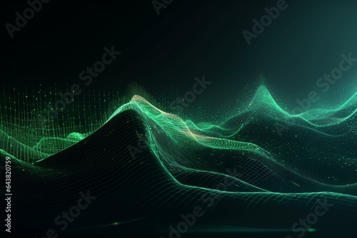 A futuristic green wave symbolizing the merging of big data and cybernetics, with abstract green lines and dots. Created using 3D rendering. Generative AI