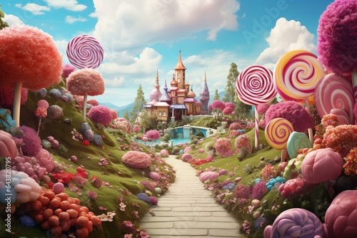 A surreal landscape in Candy Land with a garden full of colorful flowers made of candies. Generative AI