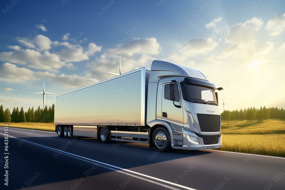 Sustainable electric trailer truck with hydrogen power, solar panels, wind turbines and clean energy. Ideal for commercial logistics transport. Generative AI