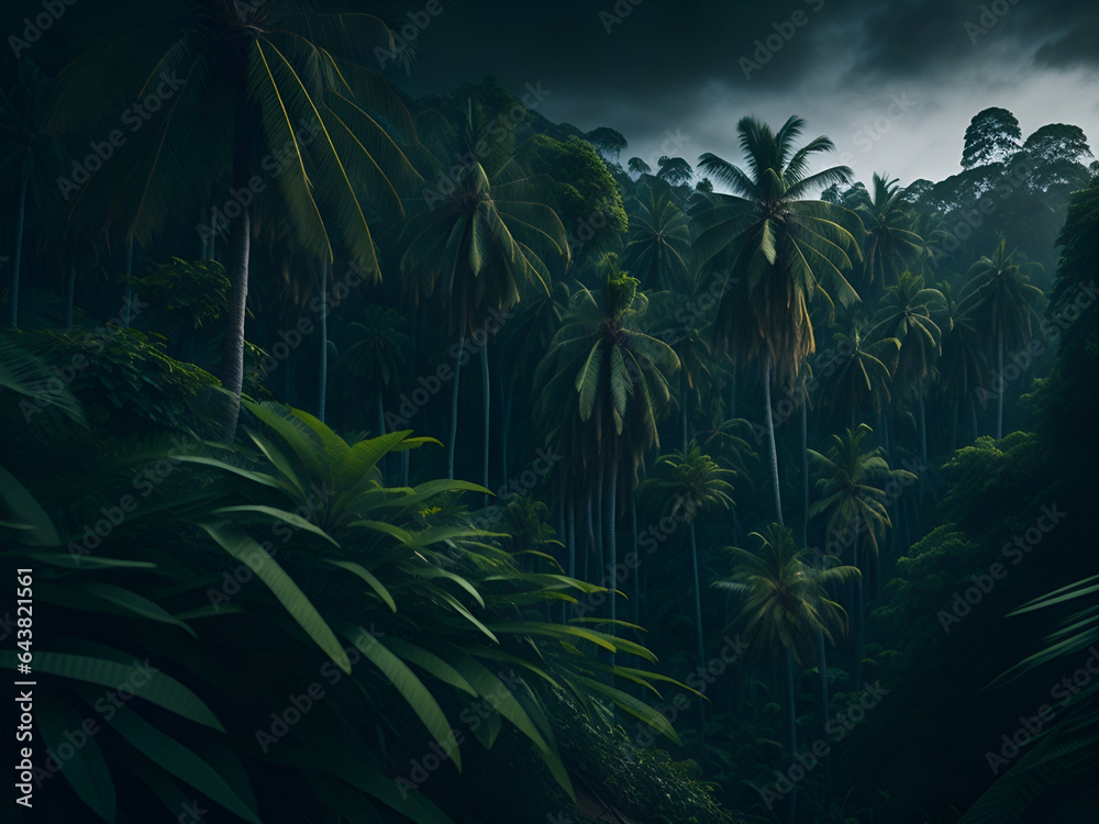 Panorama of dense jungle, wild forest with palm trees and tropical plants Panorama of dense jungle, wild forest with palm trees and tropical plants