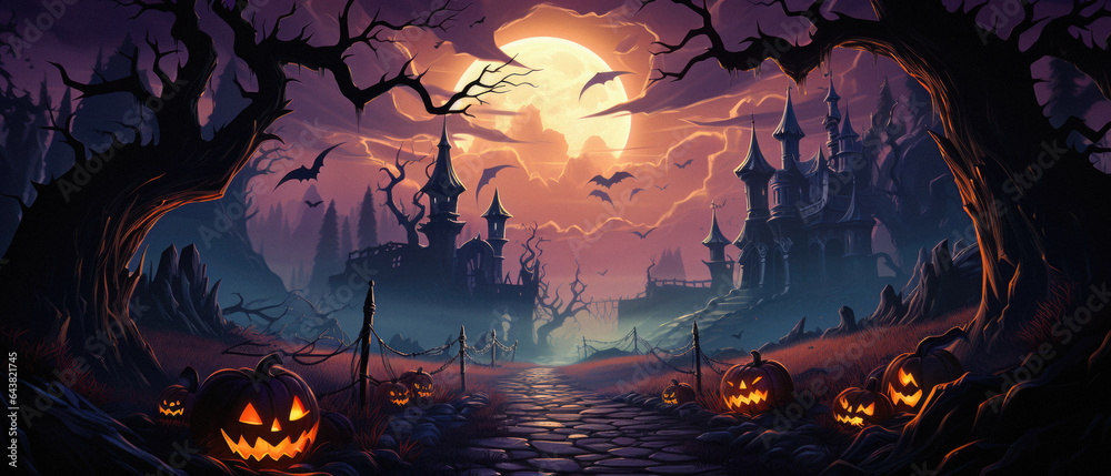 Halloween spooky background, scary jack o lantern pumpkins in creepy dark forest with bats, spooky trees, moon and old house Happy Haloween ghosts horror gothic mysterious night moonlight backdrop.